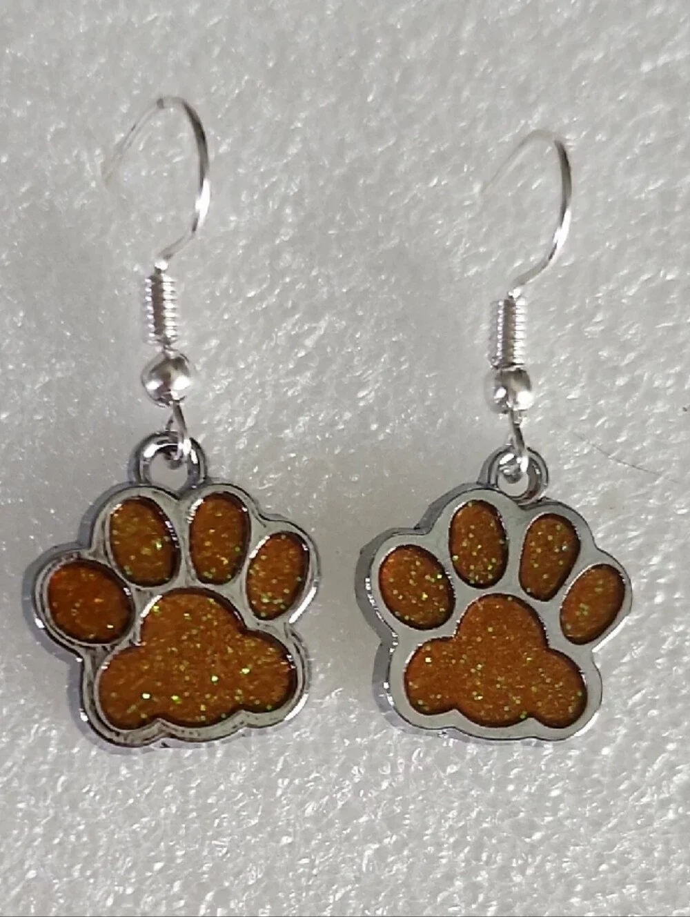 Hand Crafted Orange Glitter Paw Print Drop Earrings